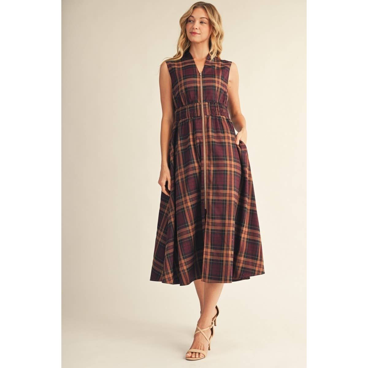 NEW Plaid Midi Dress, Color: BROWN, Size: S