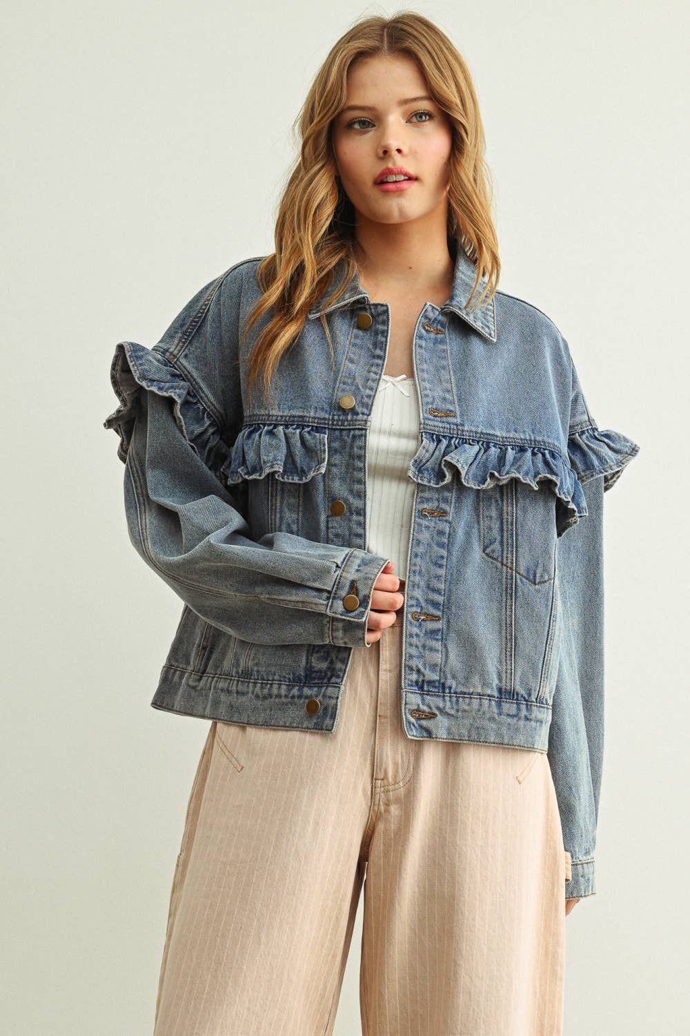 Jenna Jean Ruffled Jacket, Color: DENIM, Size: M