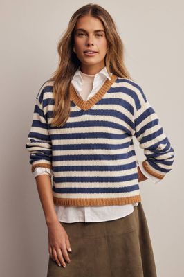 Contrast Trim Striped V-Neck Sweater FSW0103