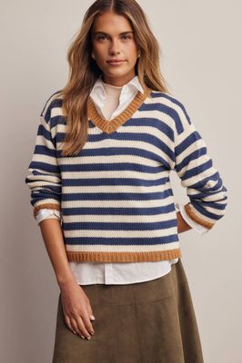 Contrast Trim Striped V-Neck Sweater FSW0103