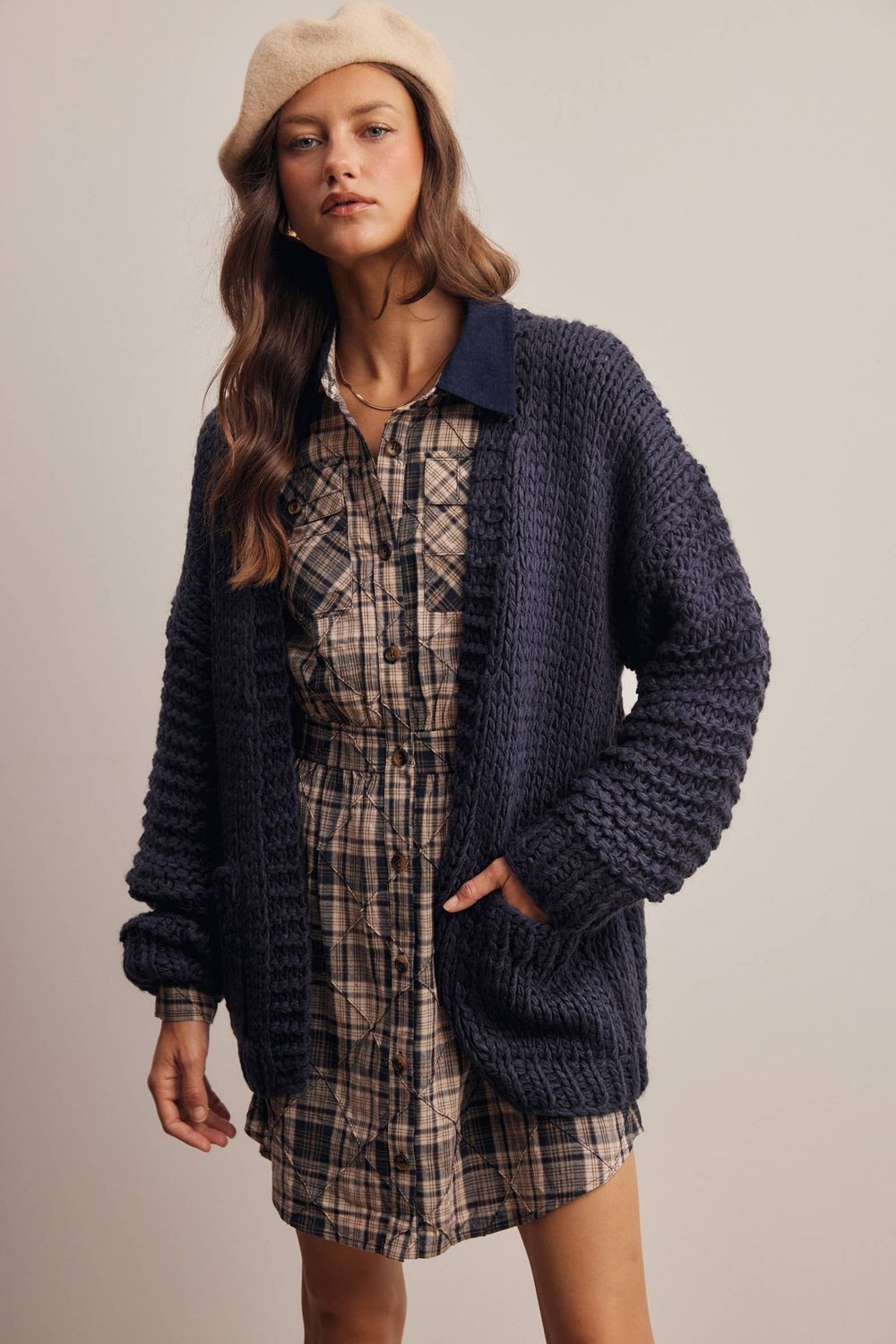 Chunky Knit Heart Back Cardigan, Color: Navy, Fit: Contemporary, Size: M