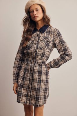 Corduroy Collar Plaid Textured Cotton Shirt Dress