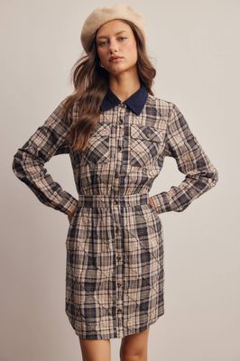 Corduroy Collar Plaid Textured Cotton Shirt Dress