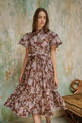 Bellucci Poplin Button Front Tiered Midi Dress Rustic