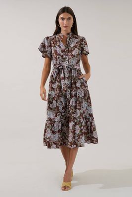 Bellucci Poplin Button Front Tiered Midi Dress Rustic
