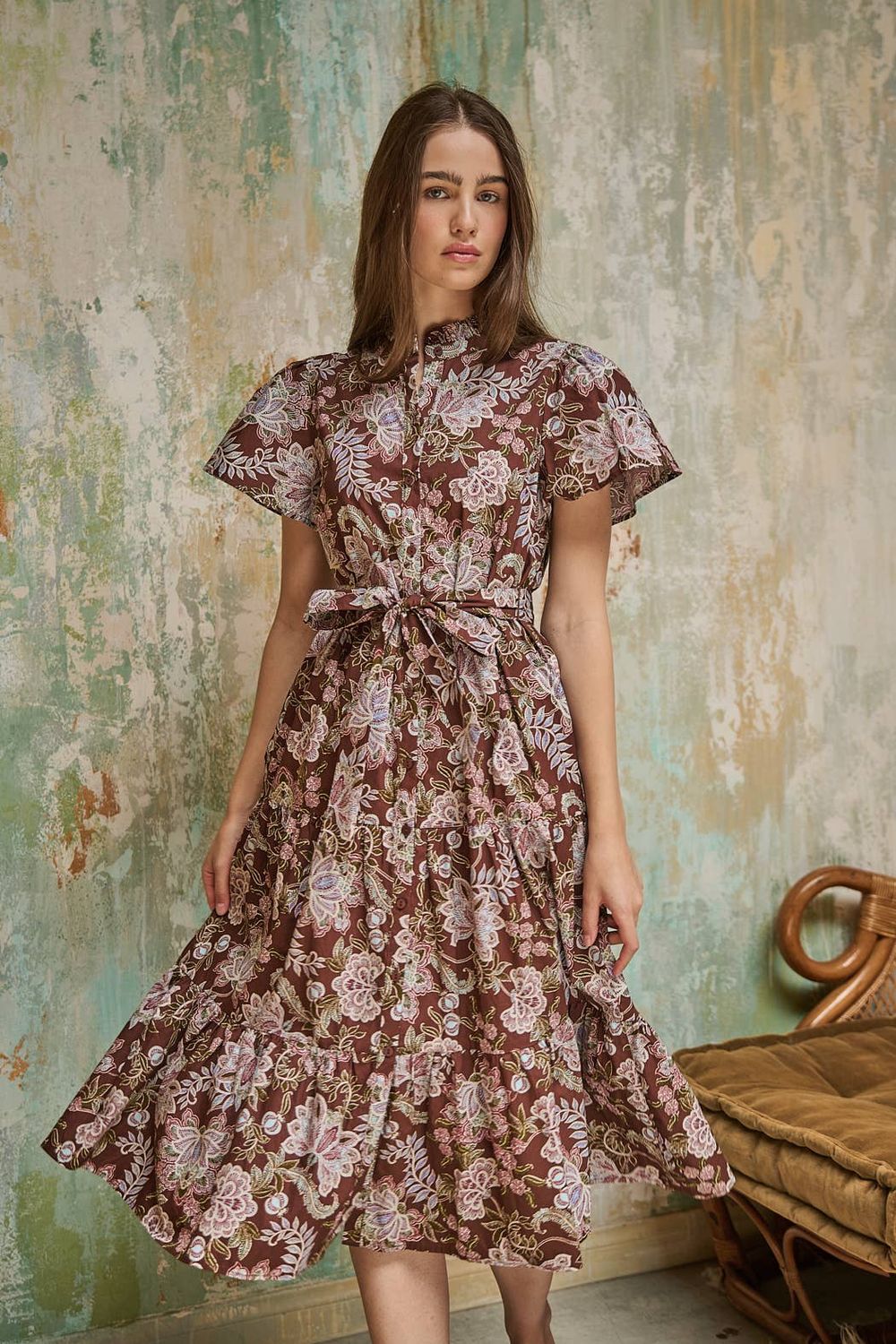 Bellucci Poplin Button Front Tiered Midi Dress Rustic, Color: BROWN-FLORAL, Size: XS
