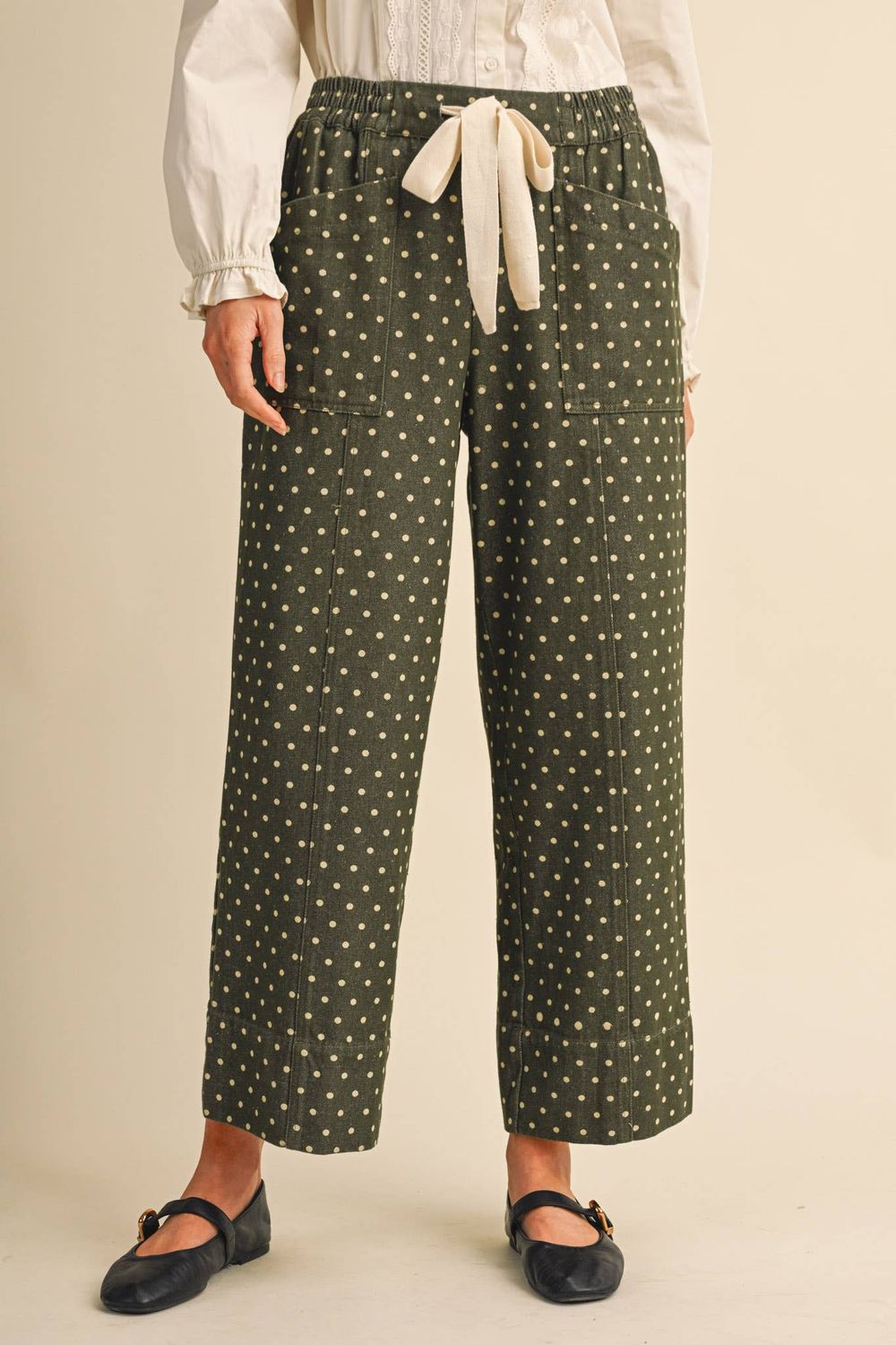 POLKA DOT WIDE LEG CROPPED PANTS, Color: MOSS GREEN DOT, Size: L