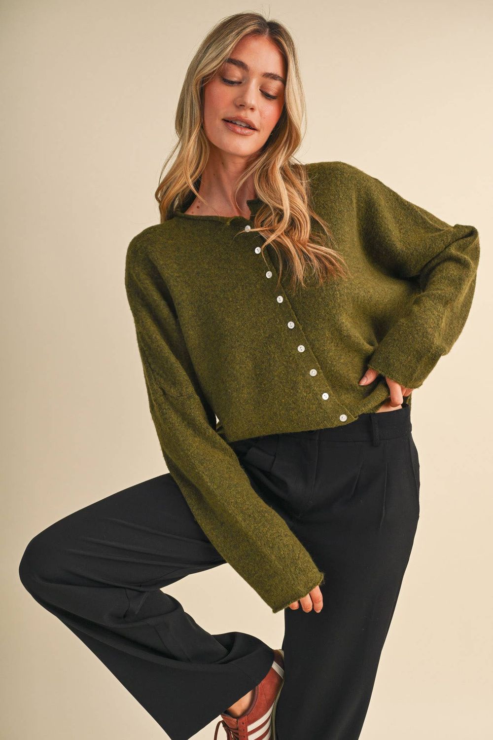 OVERSIZED BUTTON DOWN SWEATER CARDIGAN MSW11387, Color: OLIVE GREEN, Size: S