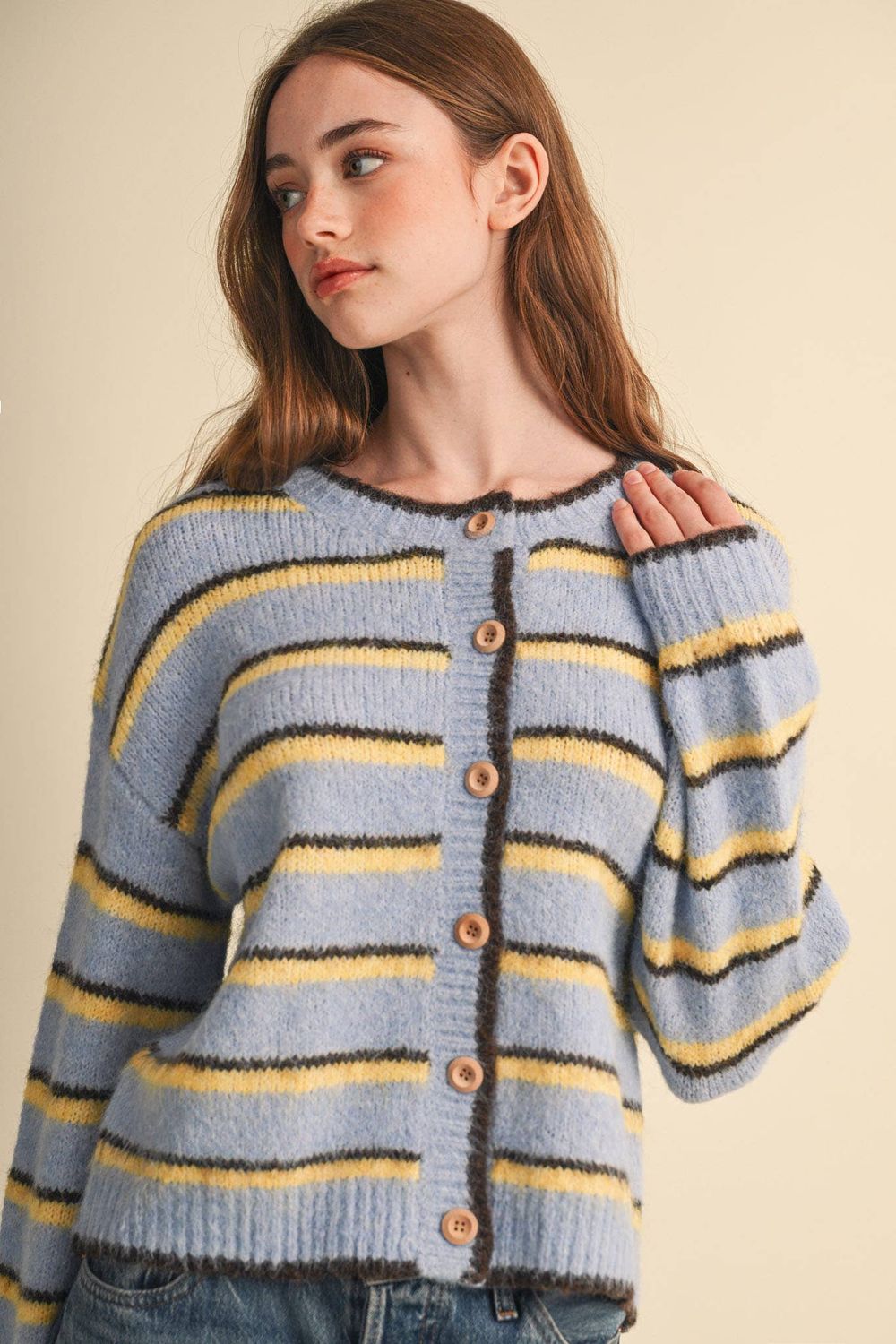 STRIPED SWEATER CARDIGAN, Color: POWDER BLUE MULTI, Size: S