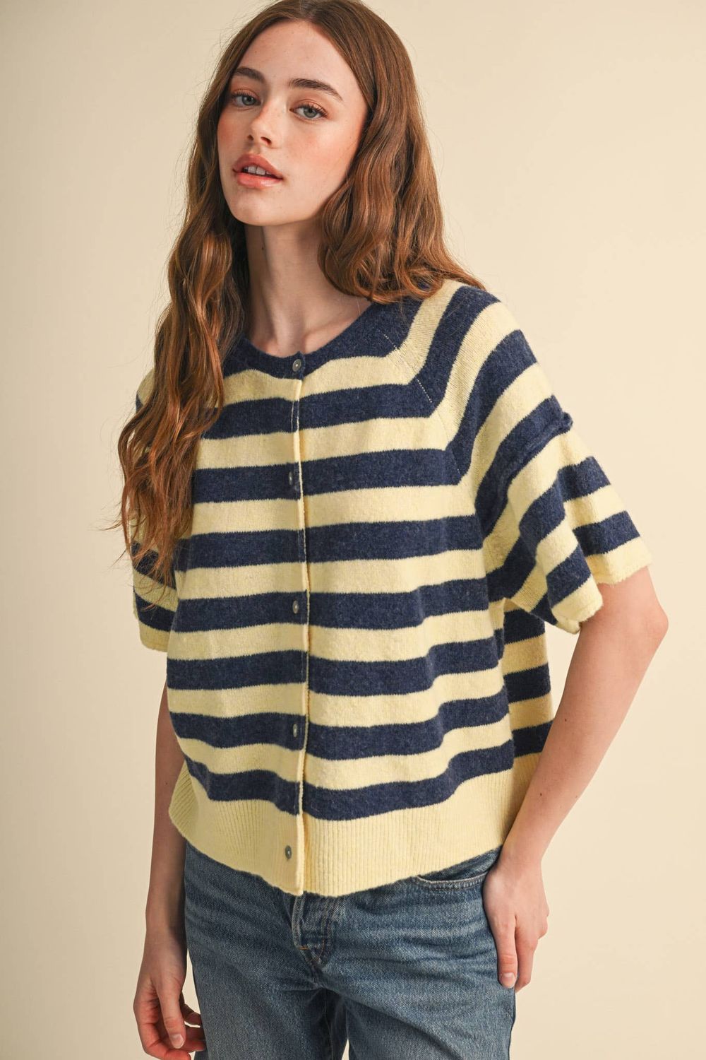 Buttered Blueberry Striped Sweater, Color: LEMON NAVY, Size: L