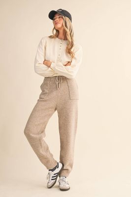 PUFF SLEEVE HENLEY SHELL BUTTON SWEATER