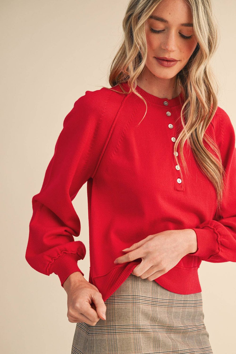 PUFF SLEEVE HENLEY SHELL BUTTON SWEATER, Color: Red, Size: L