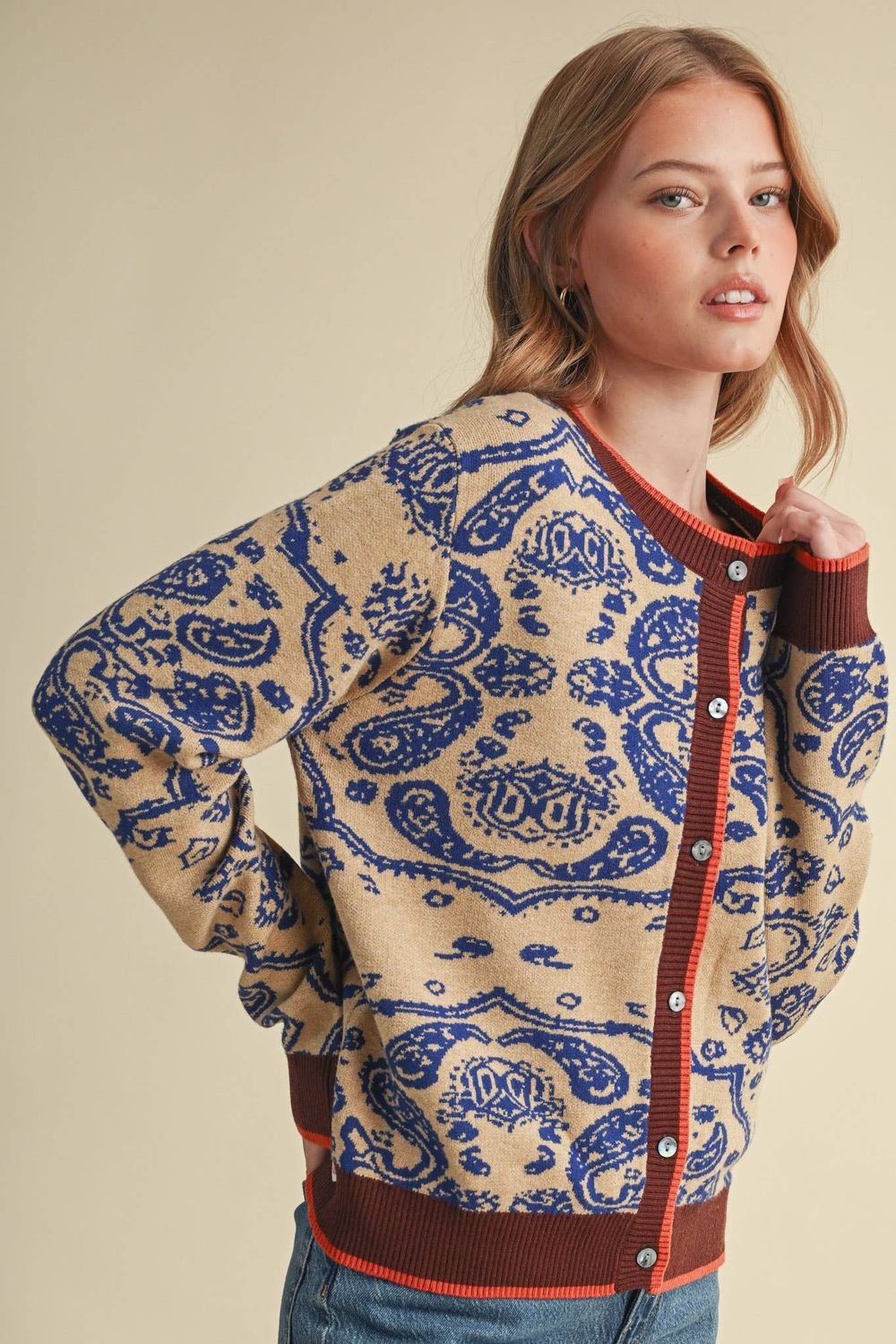 PAISLEY KNIT CONTRAST BUTTON DOWN SWEATER CARDIGAN, Color: BRANDY BLUE, Size: S