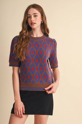 GEOMETRIC KNIT SHORT SLEEVE SWEATER