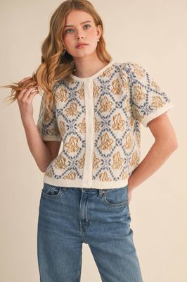 Floral Short Sleeve Sweater Cardigan