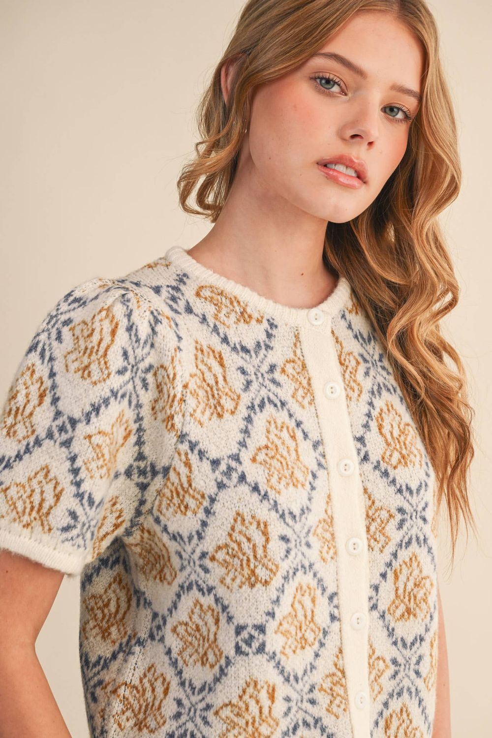 Floral Short Sleeve Sweater Cardigan, Color: IVORY BLUE FLORAL, Size: L
