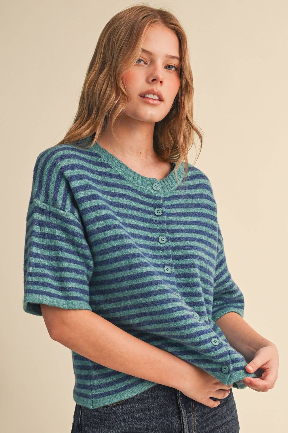 STRIPED SHORT SLEEVE SWEATER CARDIGAN, Color: TURQUOISE BLUE, Size: S
