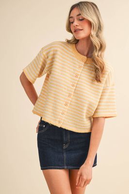 STRIPED SHORT SLEEVE SWEATER CARDIGAN