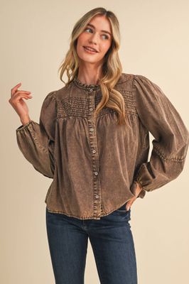WASHED TENCEL PIN TUCK BUTTON UP TOP