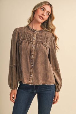WASHED TENCEL PIN TUCK BUTTON UP TOP