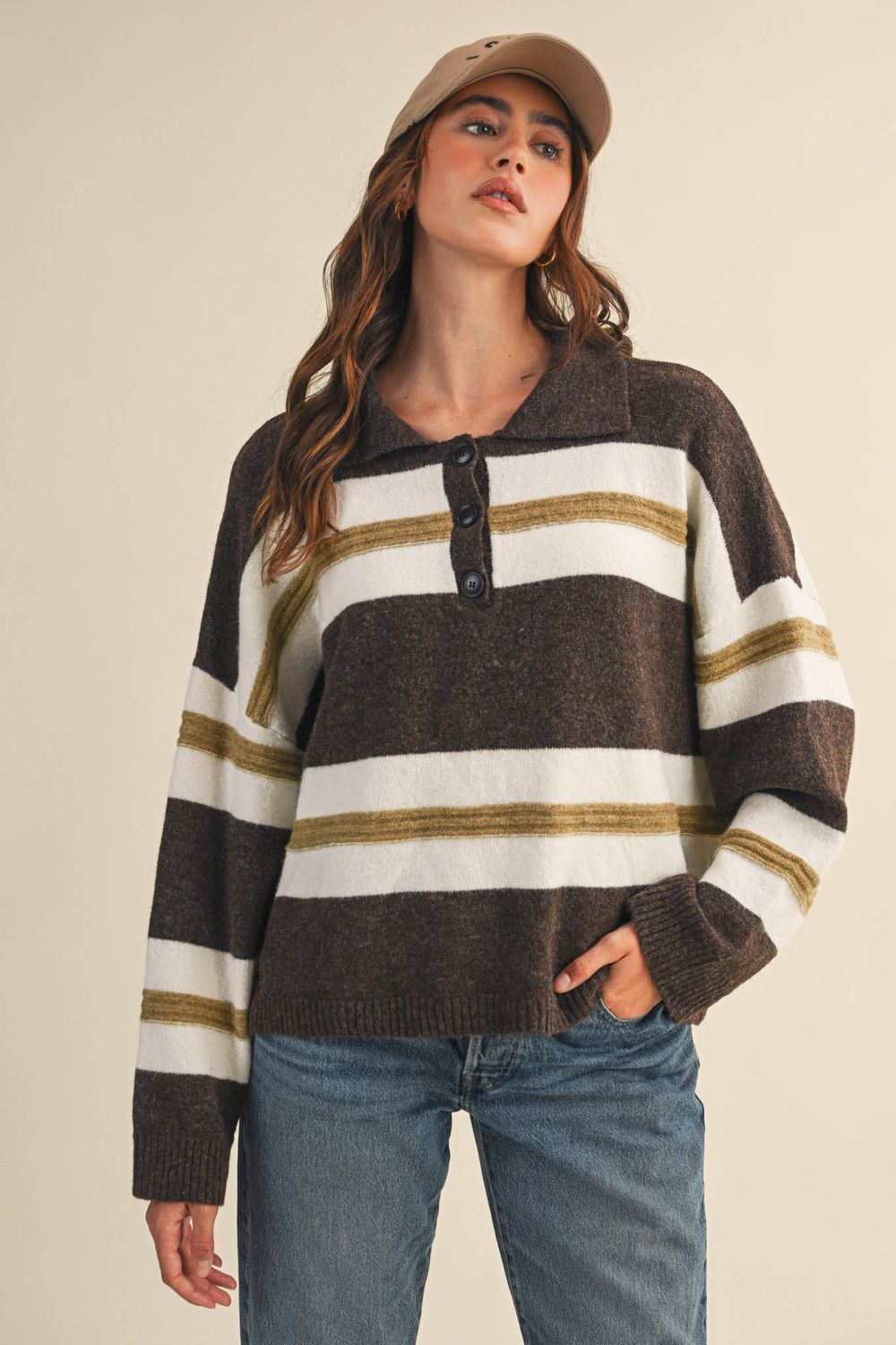 STRIPED RUGBY SWEATER, Color: Brown Ivory, Size: L