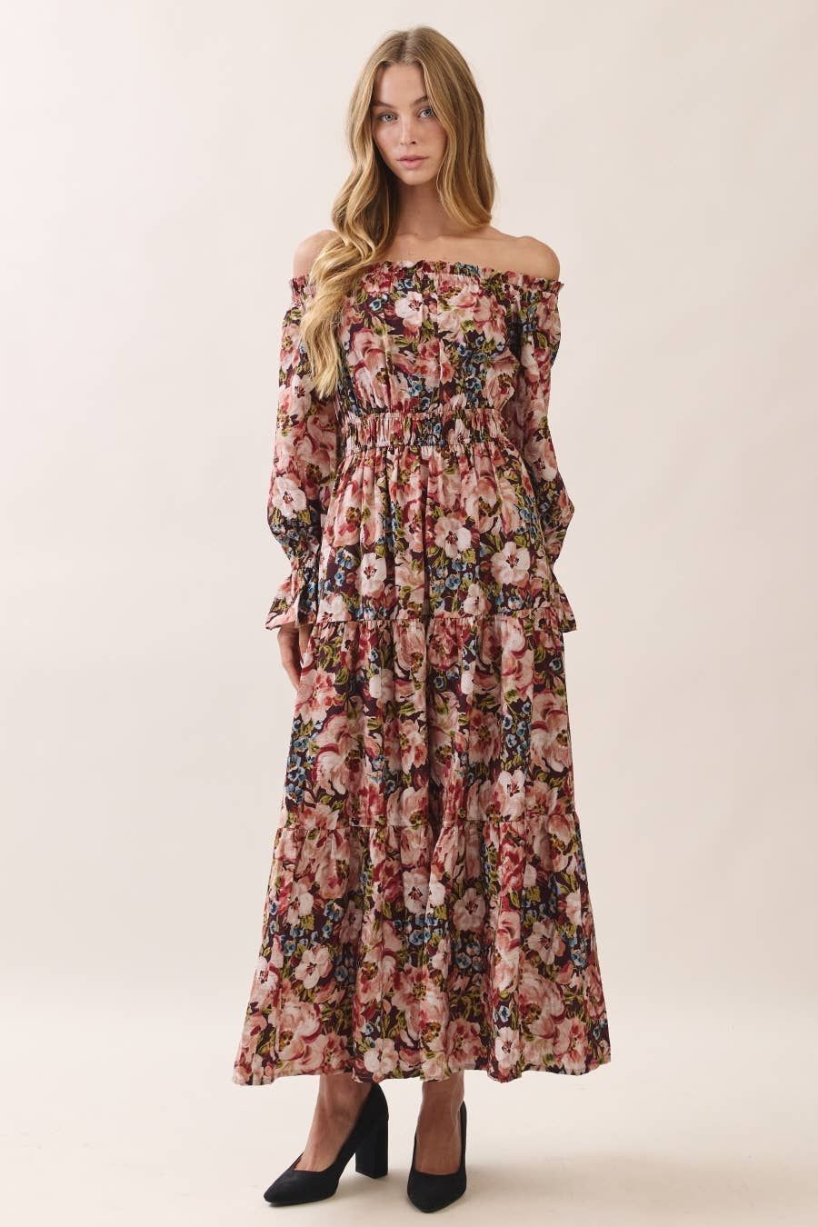 Floral Printed Off Shoulder Midi Dress, Color: BURGUNDY MULTI, Size: S
