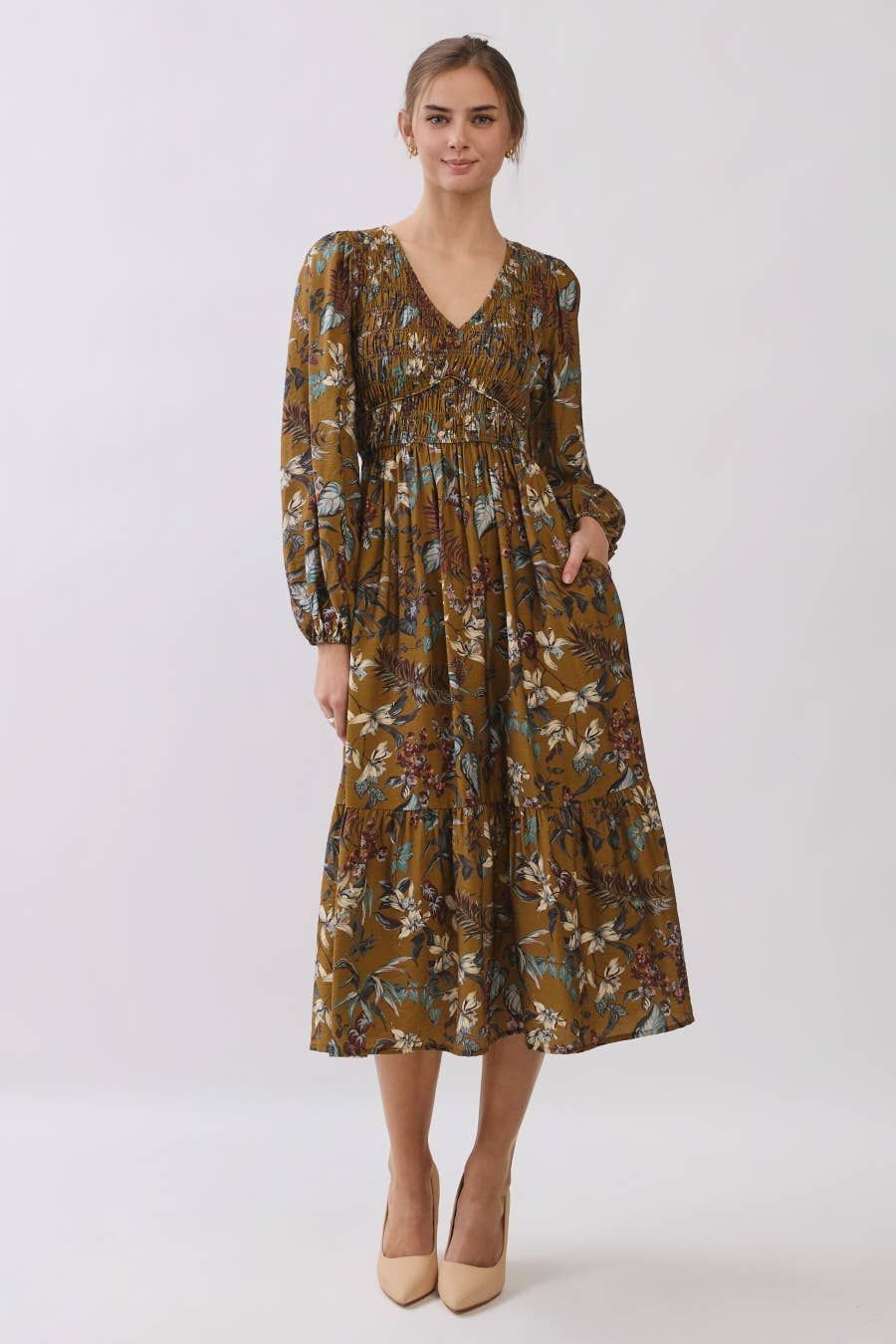 Floral Vine Print Empire Waist Mini Dress, Color: DK MUSTARD MULTI, Size: S