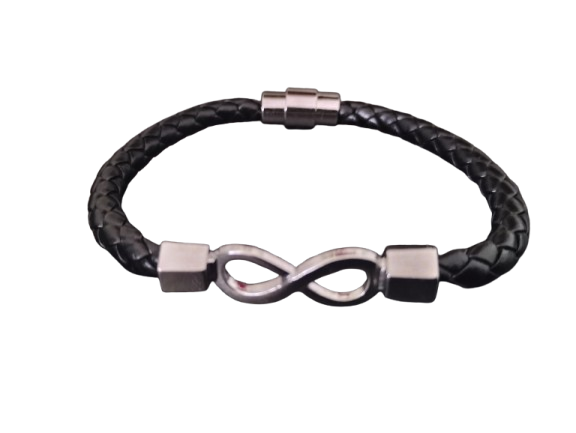 Mens Authentic Genuine Leather Silver Infinity Bracelet.