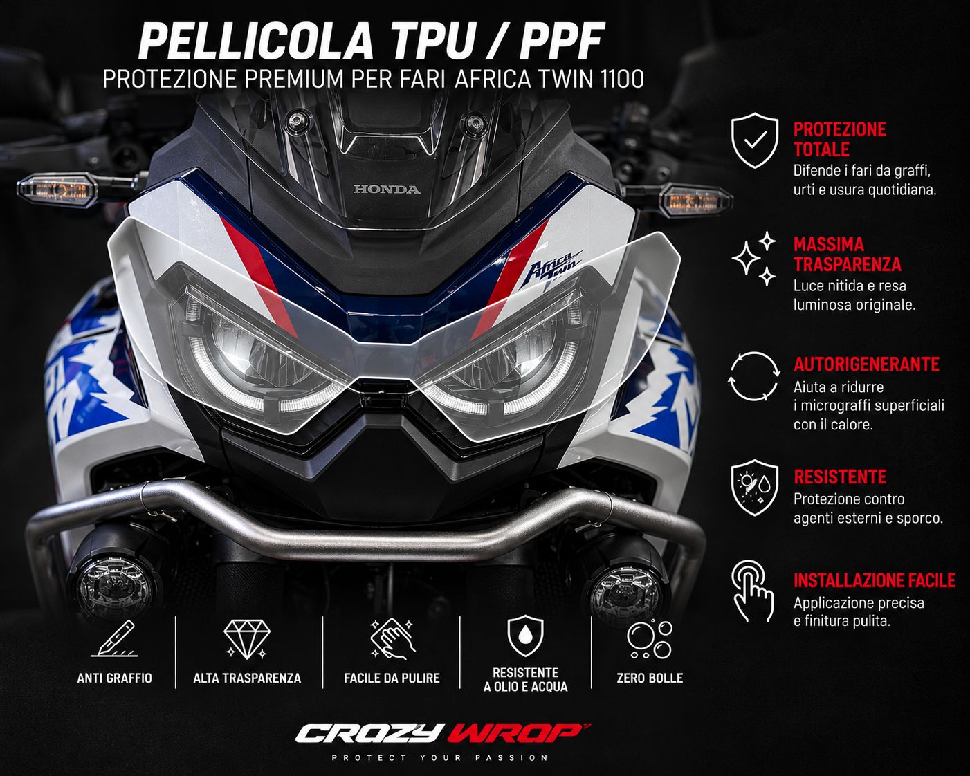 Pellicola protezione FARO in TPU/PPF per HONDA AFRICA TWIN 1100 dal 2020 al 2026