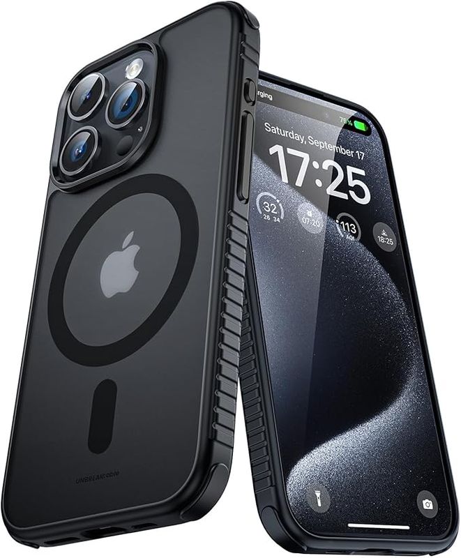 UNBREAKcable Magnetische Hülle für iPhone 15 Pro  [Kompatibel mit MagSafe] [Stoßfest in Militärqualität] Durchscheinende, matte Rückseite, weiche Silikon-Schutzhülle für iPhone 15 Pro  Schwarz