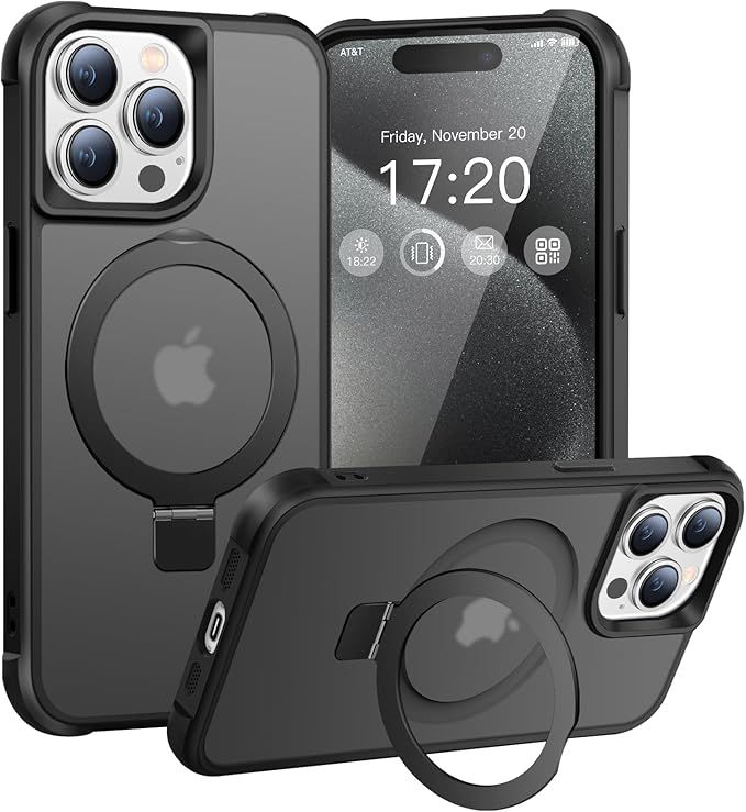 Handyhülle für iPhone 15 Pro Hülle, mit Unsichtbarer Magnetisch Ring Ständer, Mil-Grade Drop Shockproof Anti-Scratch Anti-Fingerabdruck Anti-Rutsch Transluzente Matte Case (Schwarz)