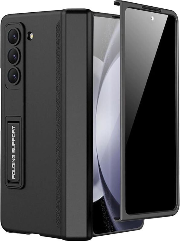 Miimall Kompatibel mit Samsung Galaxy Z Fold 5 Hülle mit Displayschutz Anti-Peeping+Magnetischer Scharnierschutz, Hart PC All Inclusive Stoßfest Schutzhülle mit Ständer für Z Fold 5 5G-Schwarz