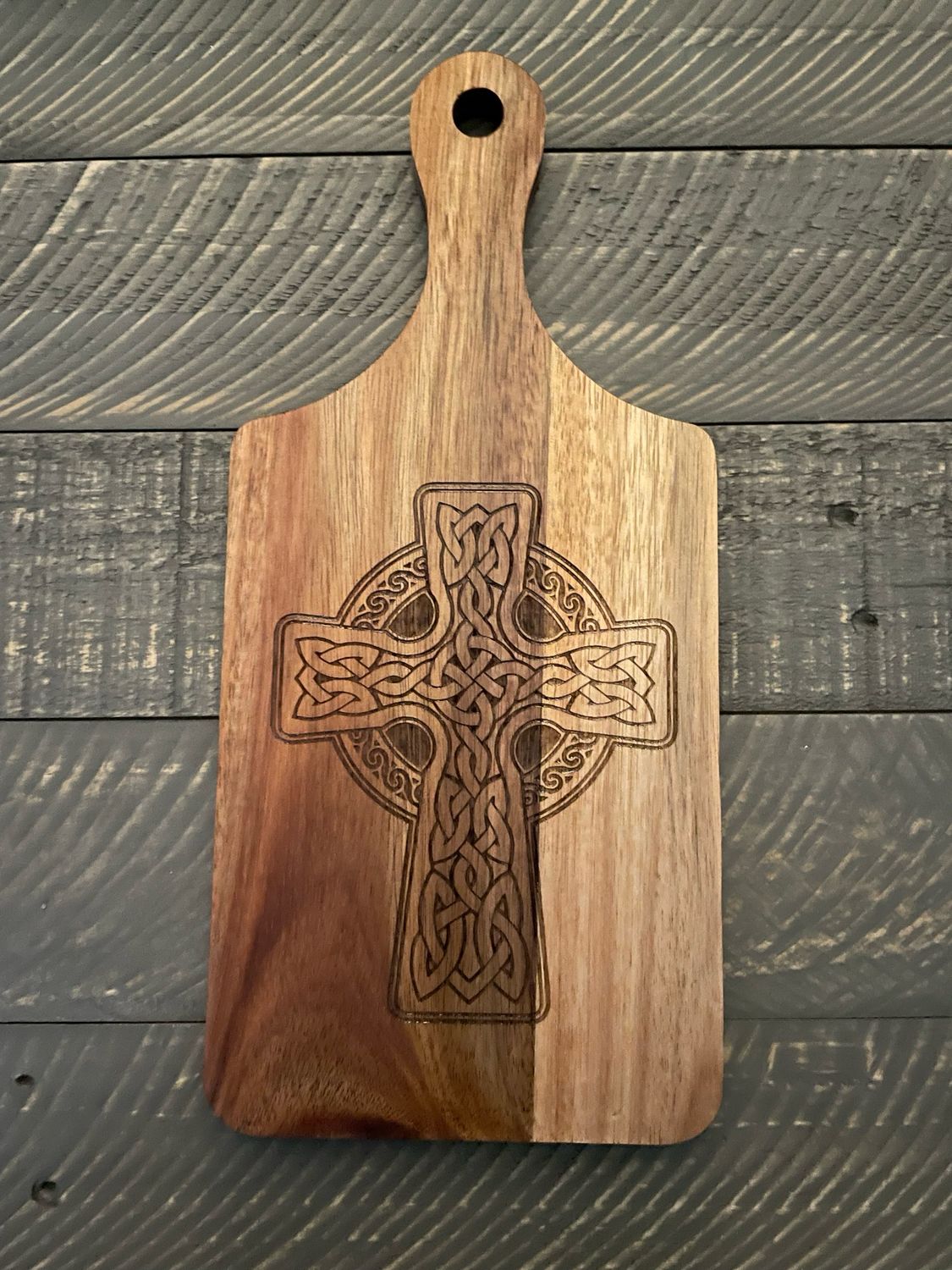 Celtic Cross Engraved Wood Cutting Board – Paddle Style Serving Board