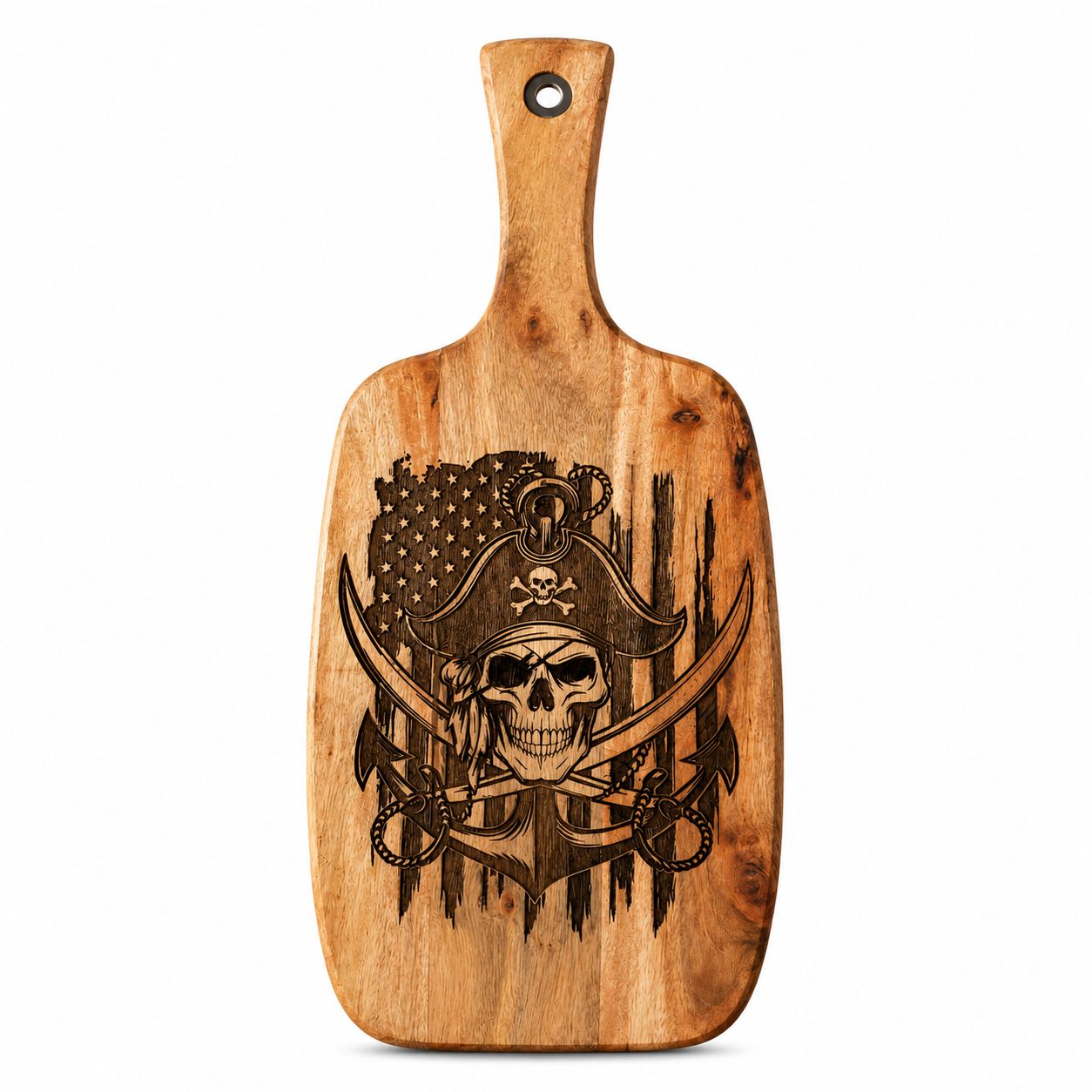 Pirate Skull Acacia Serving Paddle | Engraved Nautical Charcuterie Board