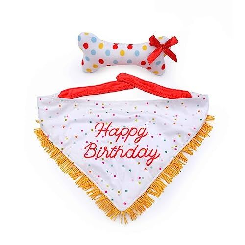 ZippyPaws Birthday Gifts for Dogs - Polkadot Birthday Bandana and Plush Squeaky Bone Toy, Dog Birthday Party Supplies for Boys &amp; Girls