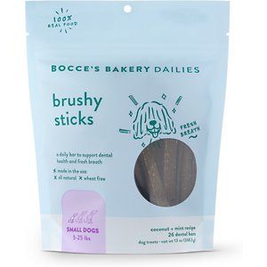 Bocces Bakery Dailies Brushy Sticks to Support Oral Health &amp; Fresh Breath  Wheat-Free Dental Bars for Dogs  Made with Real Ingredients  Baked in the USA  All-Natural Coconut &amp; Mint Recipe  Small Dogs, Size: Small