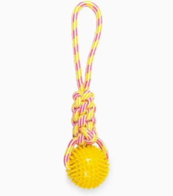 Thoozypet Knotted Tug Rope Dog Toy W/Tpr Spike Ball Yellow