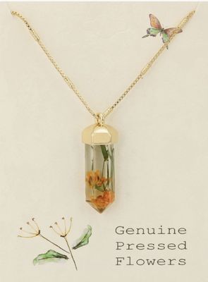 Cottage Floral Dried Yellow Flower Crystal Necklace