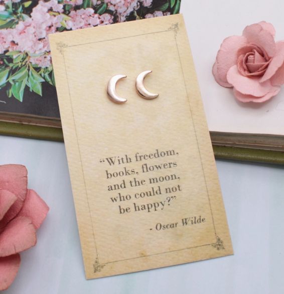 Literary Quotes Crescent Moon Post Earrings
