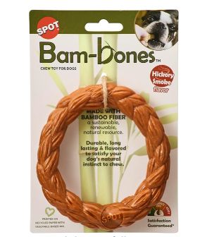 SPOT Bam-Bones Braided Ring - Made with Strong Bamboo Fiber, Durable Long Lasting Dog Chew Toy for Light to Moderate Chewers, for Adult Dogs &amp; Teething Puppies Under 30lbs, 5in, Hickory Smoke Flavor