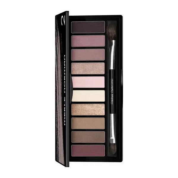 Knockout Nudes 2 Eye Shadow Palette open showing all colors and makeup brushes on a white background. 
