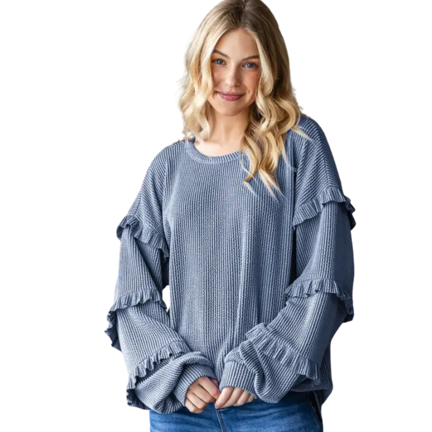 The Puff Sleeve Solid Urban Ribbed Top With Shirring in Denim Vintage is being worn by a beautiful blonde woman. 