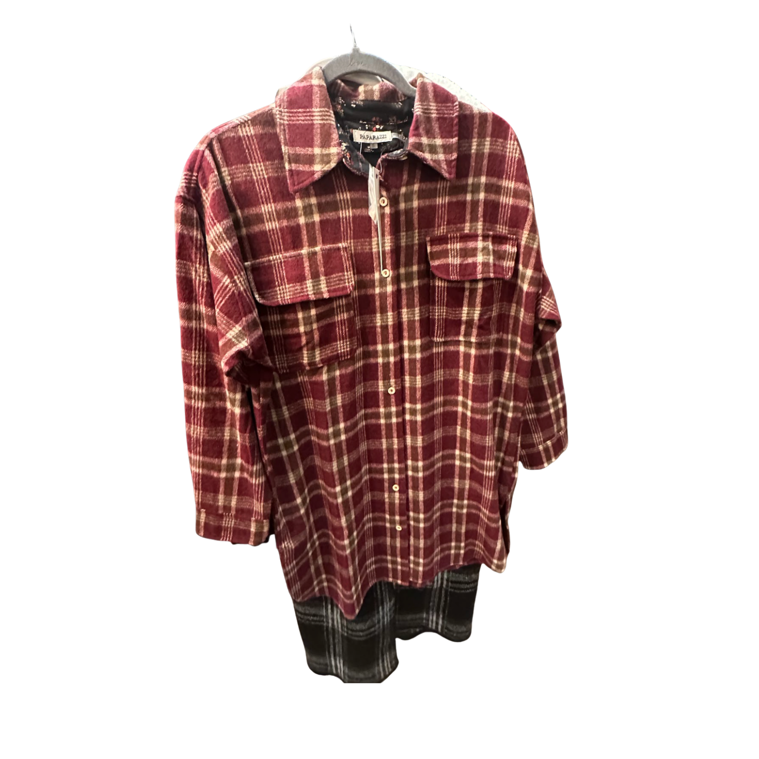 Paparazzi Ladies Burgundy-Plaid Long-Sleeve Button-Down Shirt in store at Merle Norman Elizabethton.