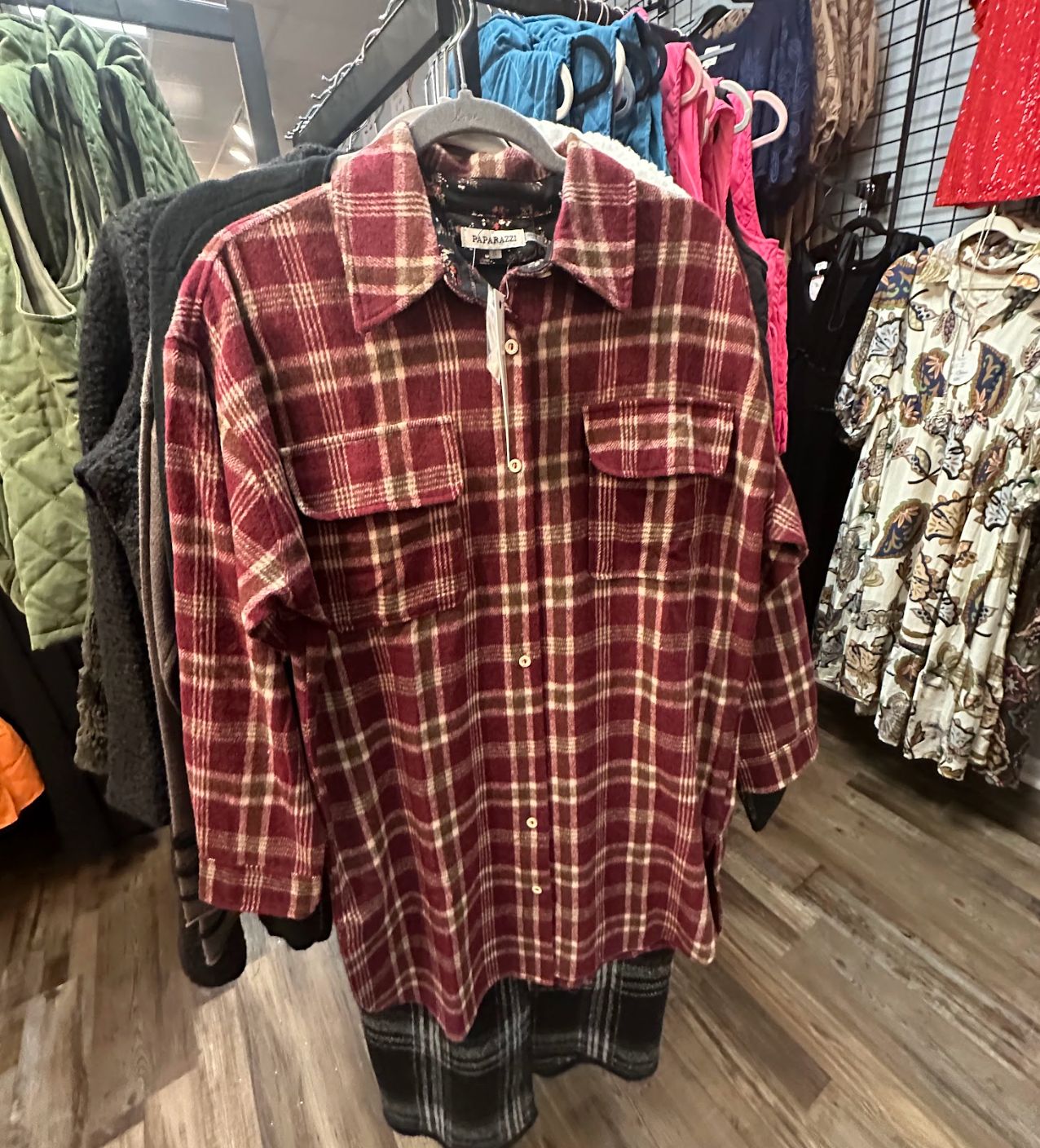 Paparazzi Ladies Burgundy-Plaid Long-Sleeve Button-Down Shirt in store at Merle Norman Elizabethton.