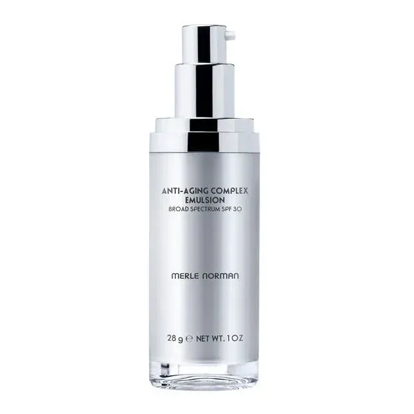 Anti-Aging Complex Emulsion Broad Spectrum SPF 30 Merle Norman Anti-Aging Complex Emulsion Broad Spectrum SPF 30 bottle on a white background.