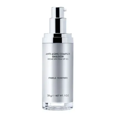 Merle Norman Anti-Aging Complex Emulsion Broad Spectrum SPF 30 bottle on a white background.