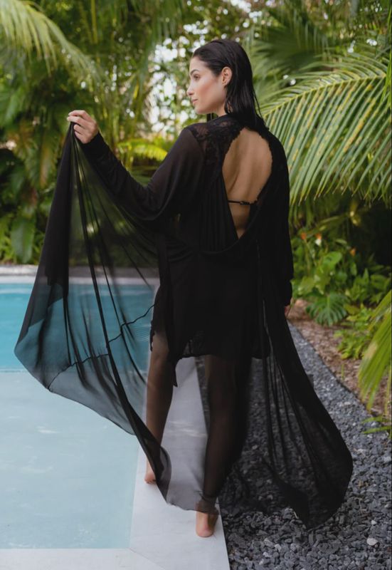 TERMINATOR LACE TULLE AND SATIN LONG DRAPED BACK ROBE