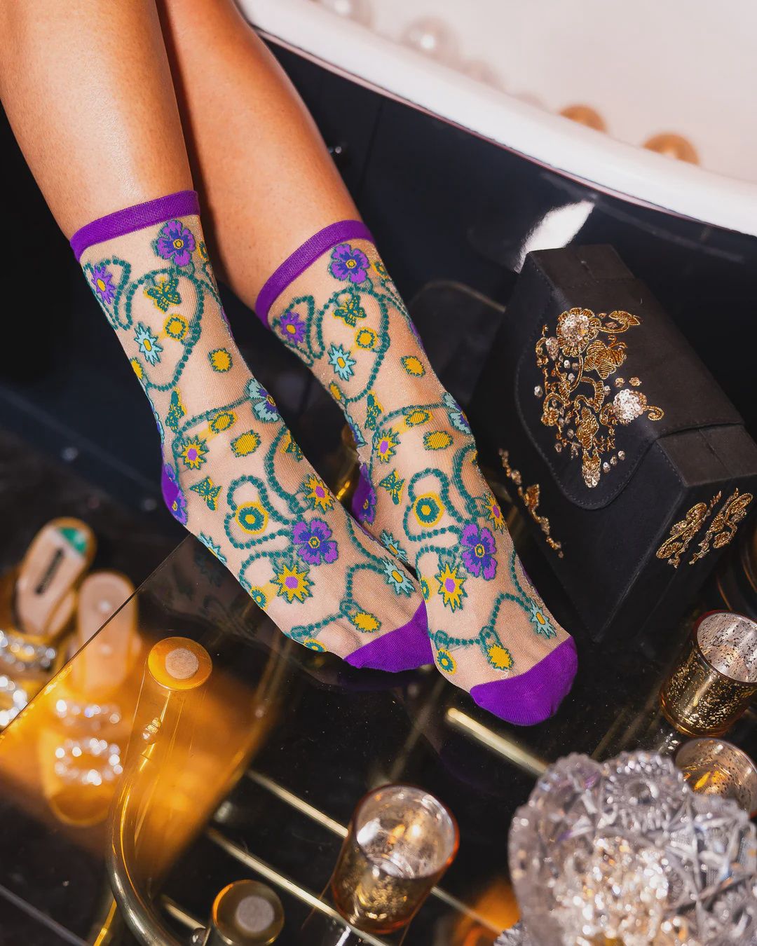 JEWELED FLORAL GOLS SHIMMER SHEER CREW SOCK