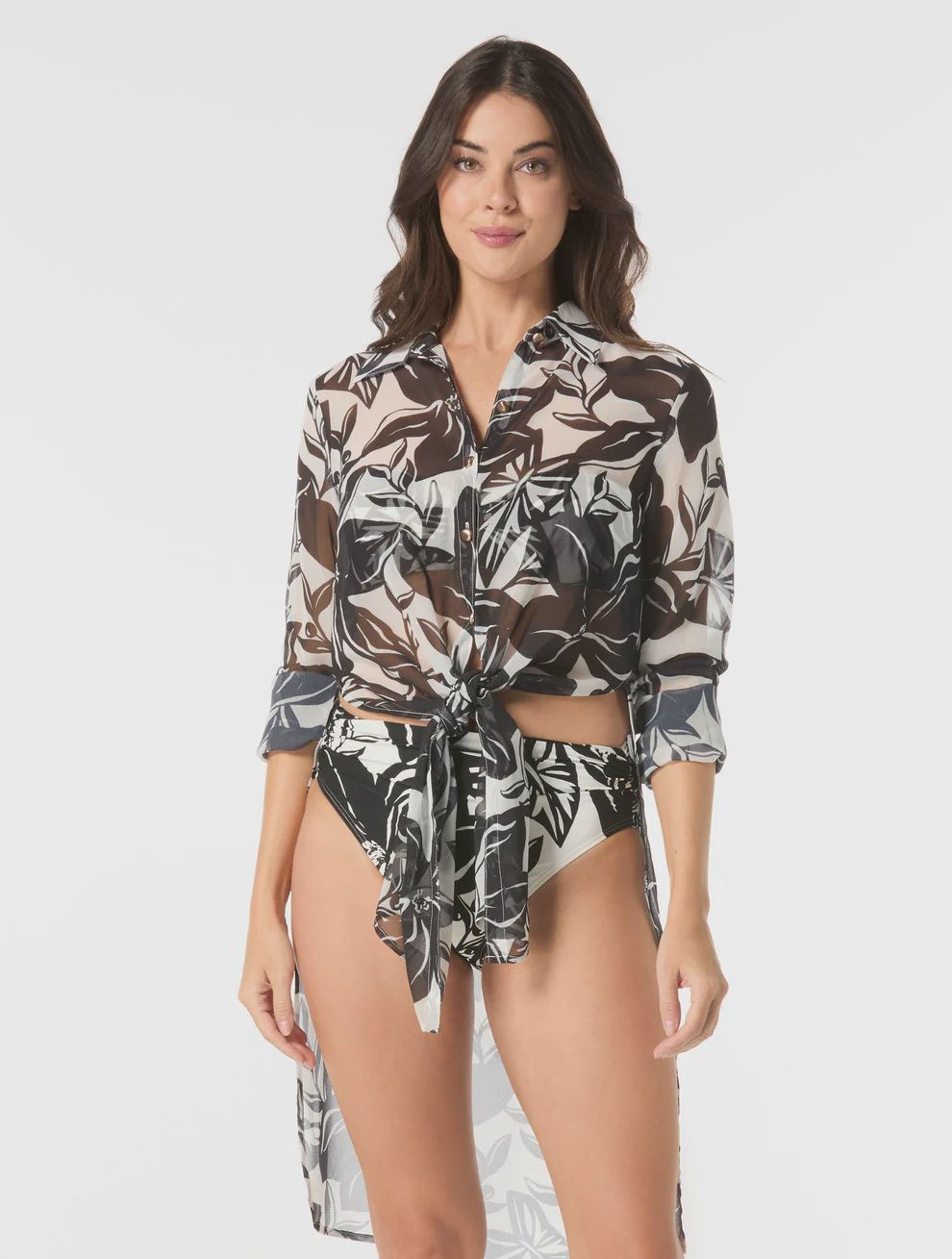 Carmen Marc Valvo Button Up Cover Up Convertible Shirt - Silent Bloom