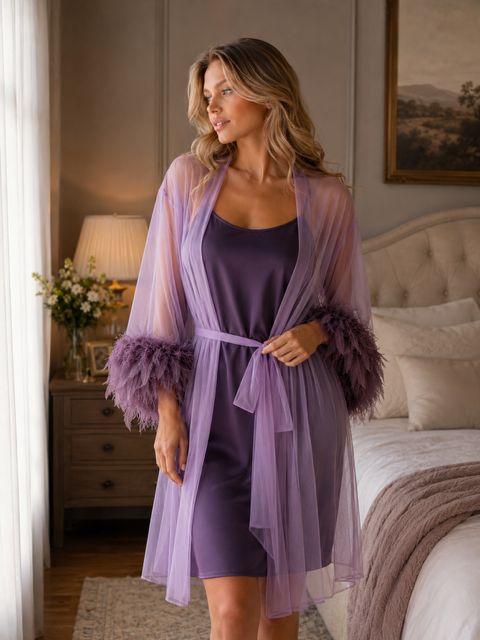 Nicolette Lavender Mist Feather Robe &amp; Luxe Satin Chemise